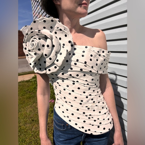 BALMAIN RARE ONE-OF-A-KIND SCULPTED LAMBSKIN LEATHER POLKADOT ROSE TOP - Picture 1 of 16